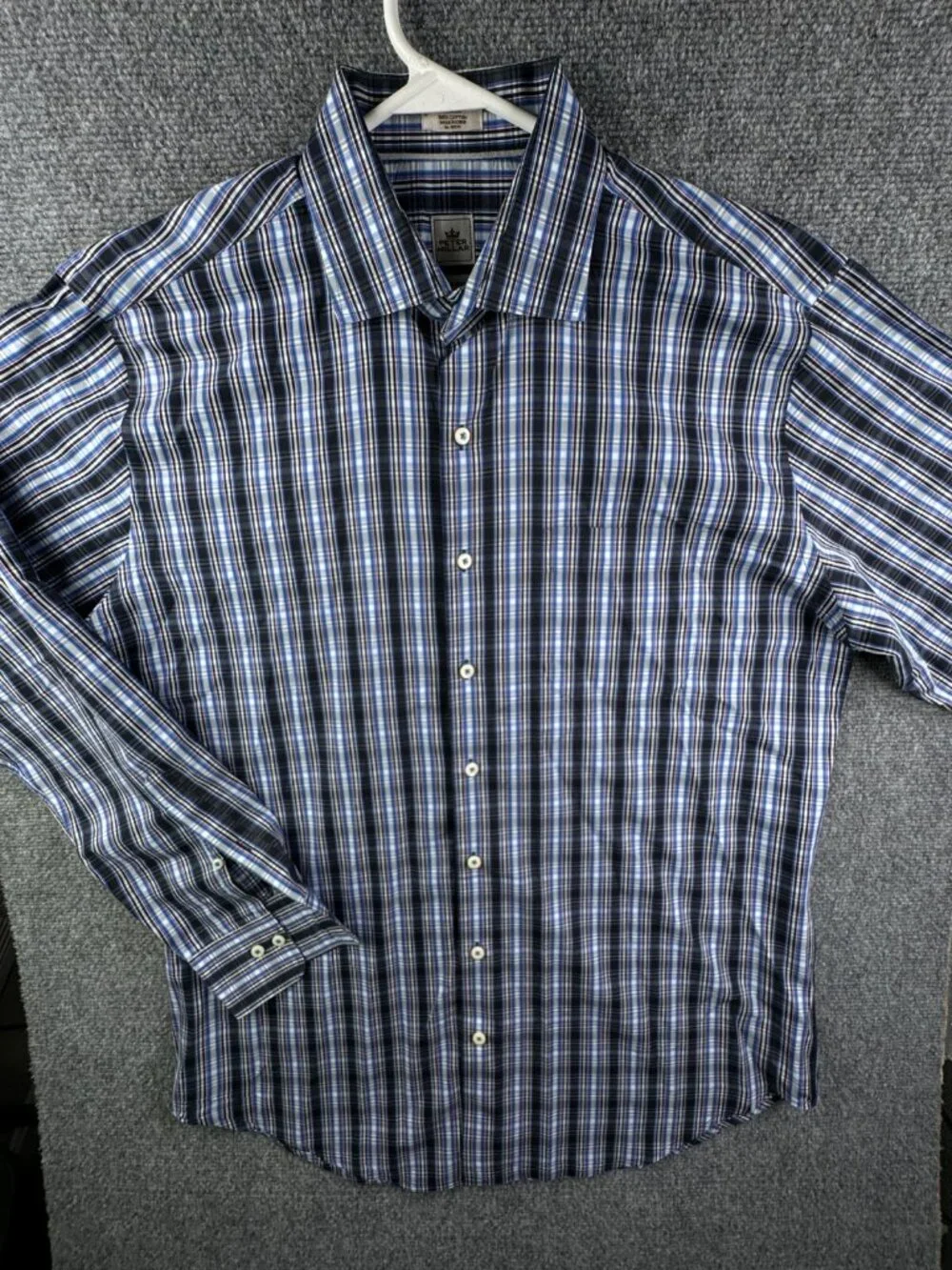 Peter Millar Seaside Finish Long Sleeve Button Up Shirt Plaid Blue Large Cotton